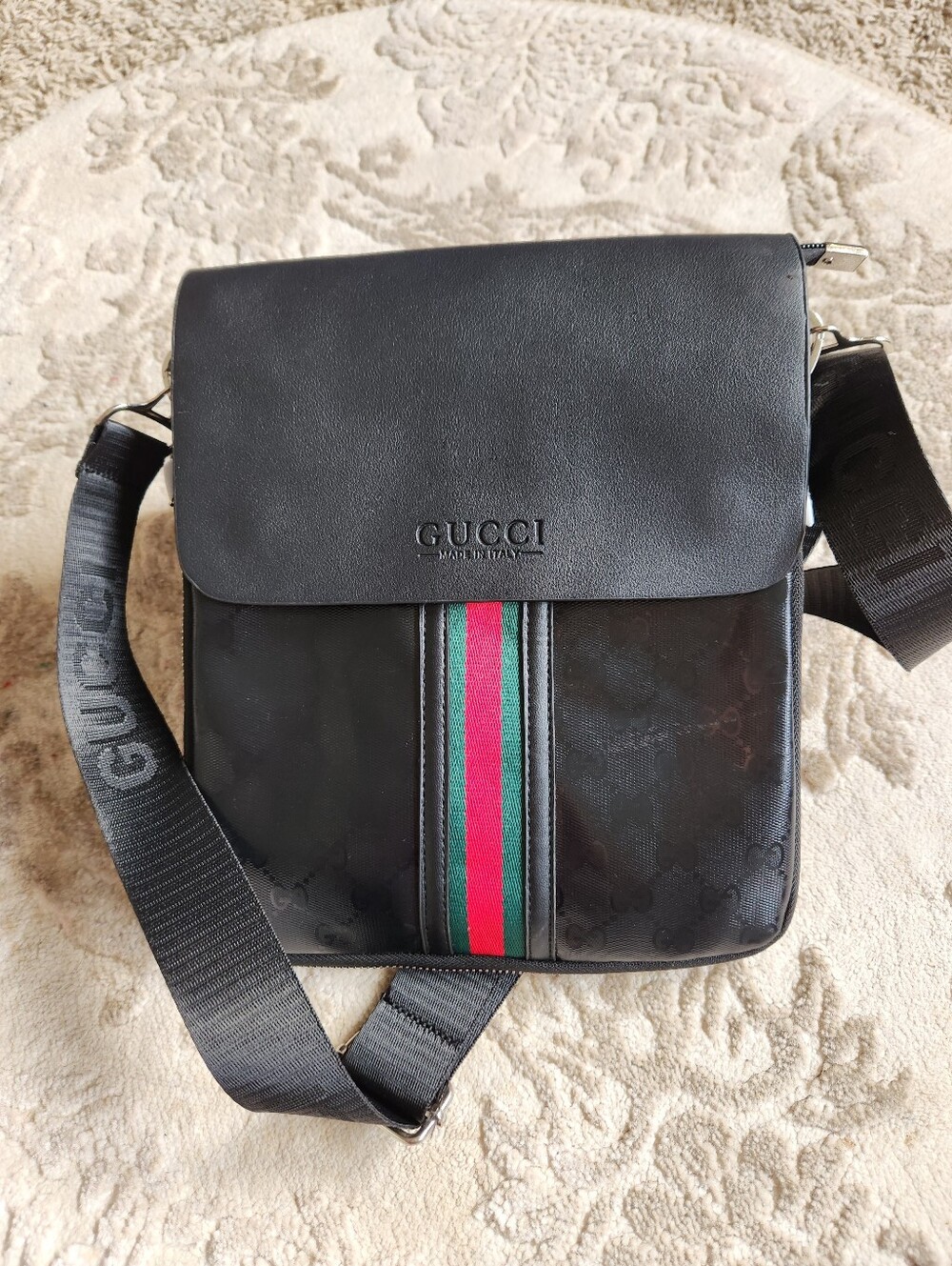 Gucci Black Messenger Bag with Green-Red Web Stripe